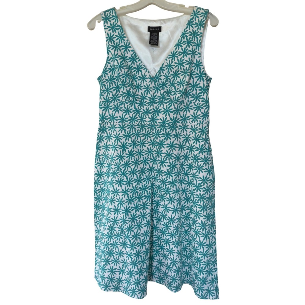 Spense Teal White Floral Starburst V-Neck Sleeveless Sheath Dress Sz 8 SC43755